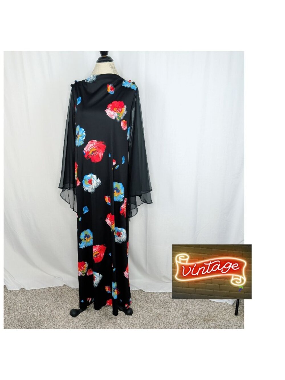Vintage Black Maxi Dress Large Bell Sleeve